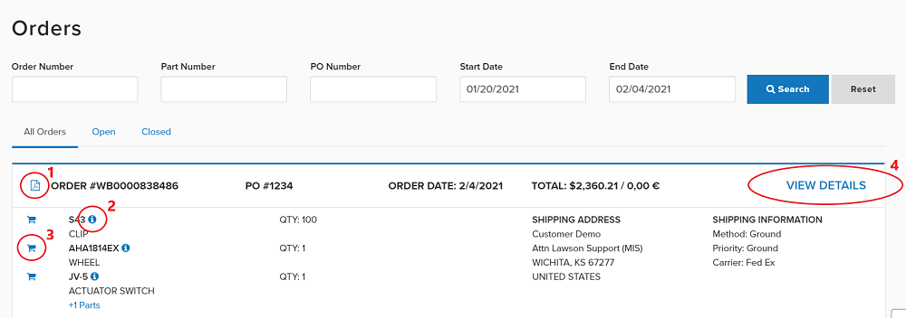 Screenshot of new order history view, featuring add to cart, pdf invoice and shipping status.