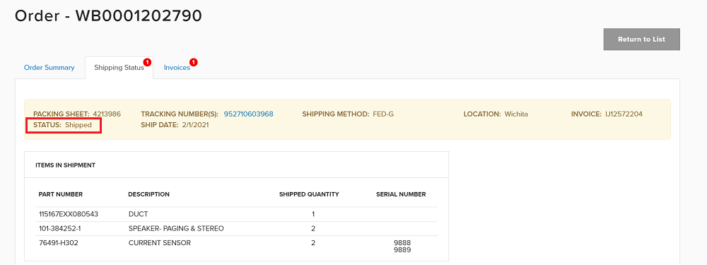 Screenshot of order summary featuring shipping status "shipped"