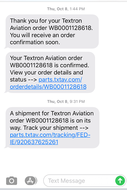 Screenshot of text message updates about your Textron Aviation parts order