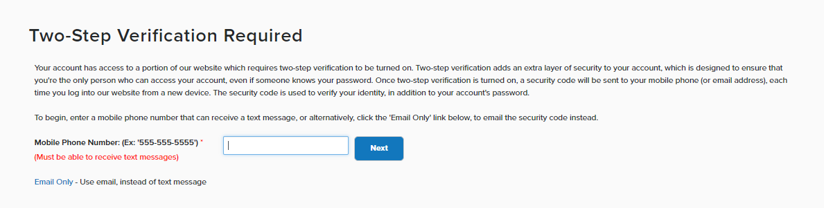 Screenshot of the Two-Step Verification Required message.